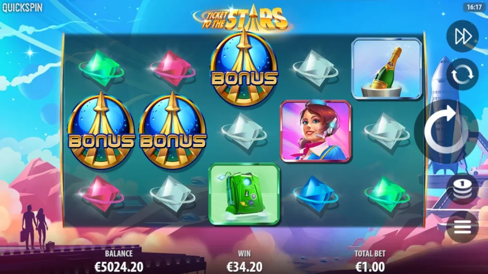 Ticket to the Stars: Back in the base game, WIN 34.20 is the result of a 19-spin bonus
