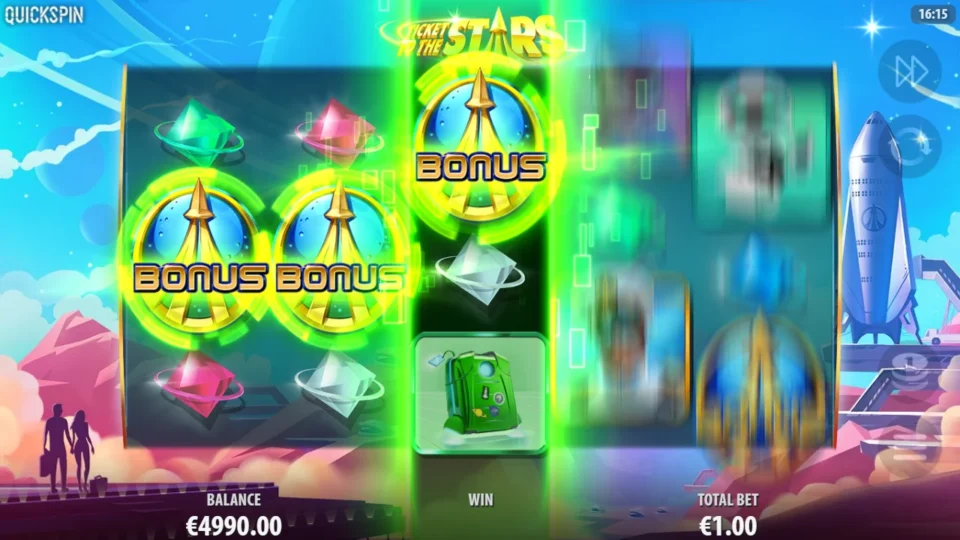 Ticket to the Stars: Three Bonus rockets glow on the first three reels as free spins begin