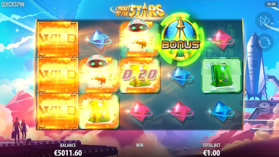 Ticket to the Stars: A stacked Wild on the first reel pays 0.20 on the spin that opens free spins