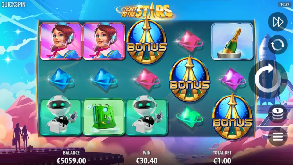 Ticket to the Stars: Three Bonus rockets stay in view above WIN 30.40 after a 23-spin bonus