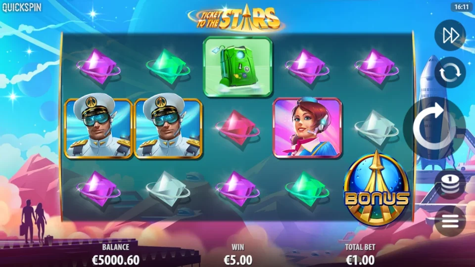 Ticket to the Stars: Two captains side by side after a 5.00 win, a Bonus rocket on reel five