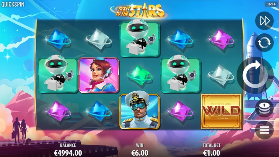 Ticket to the Stars: Last-reel Wild beside a captain closes a 6.00 demo win