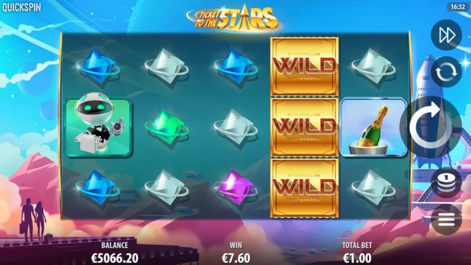 Ticket to the Stars: A three-high Wild on the fourth reel sits in the settled grid of a 7.60 win