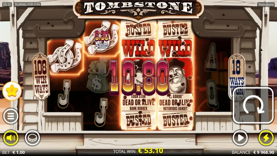 Tombstone: Busted Wilds cover reels 3 and 4 beside a total-win counter showing EUR 53.10