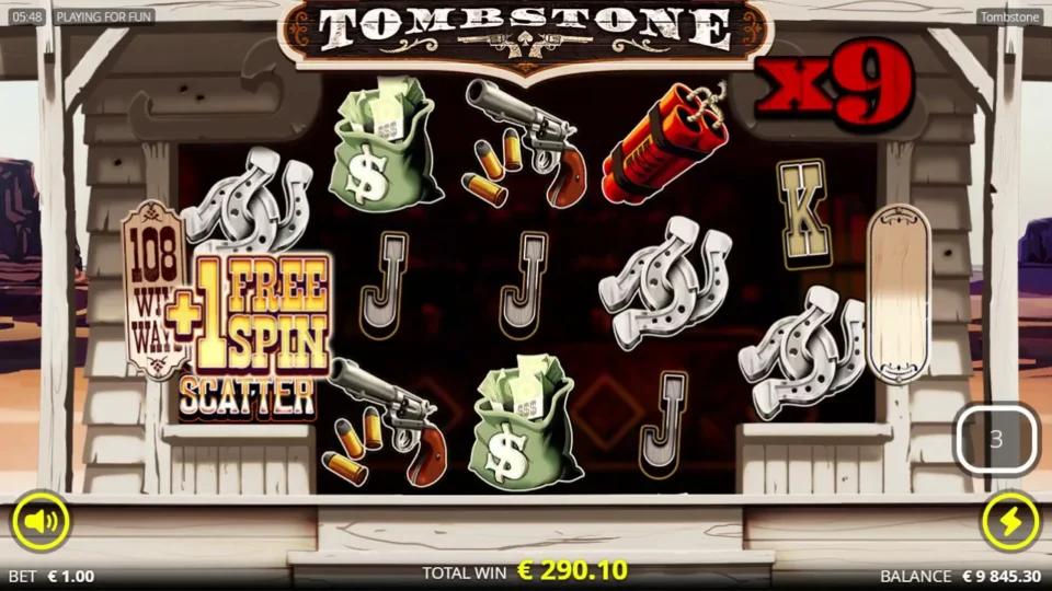 Tombstone: A single Scatter adds one free spin while the accumulated multiplier stands at 9x
