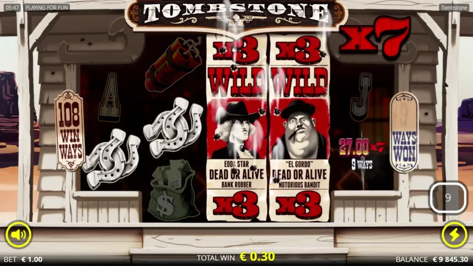 Tombstone: Two Outlaws raise the multiplier to 7x beside a EUR 27 award across nine ways