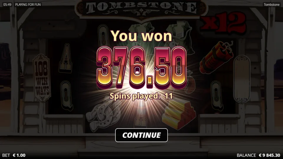 Tombstone: The result settles at EUR 376.50 after eleven Gunslinger Spins