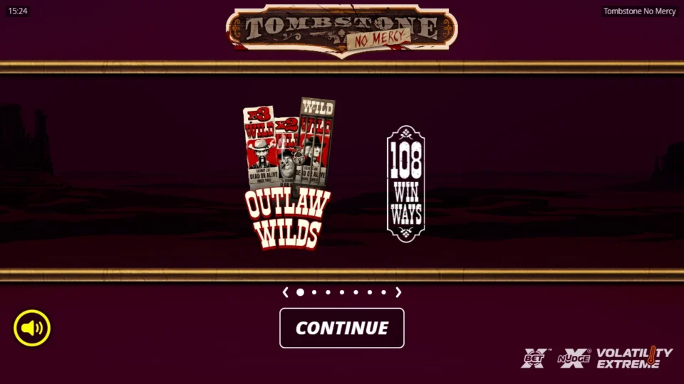 Tombstone: No Mercy: Opening slide presents Outlaw Wilds, 108 win ways and an Extreme volatility badge