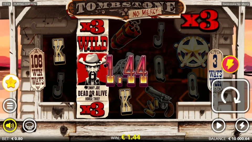 Tombstone: No Mercy: A x3 Outlaw Wild on the second reel lifts a base spin to 1.44 at a 0.80 bet