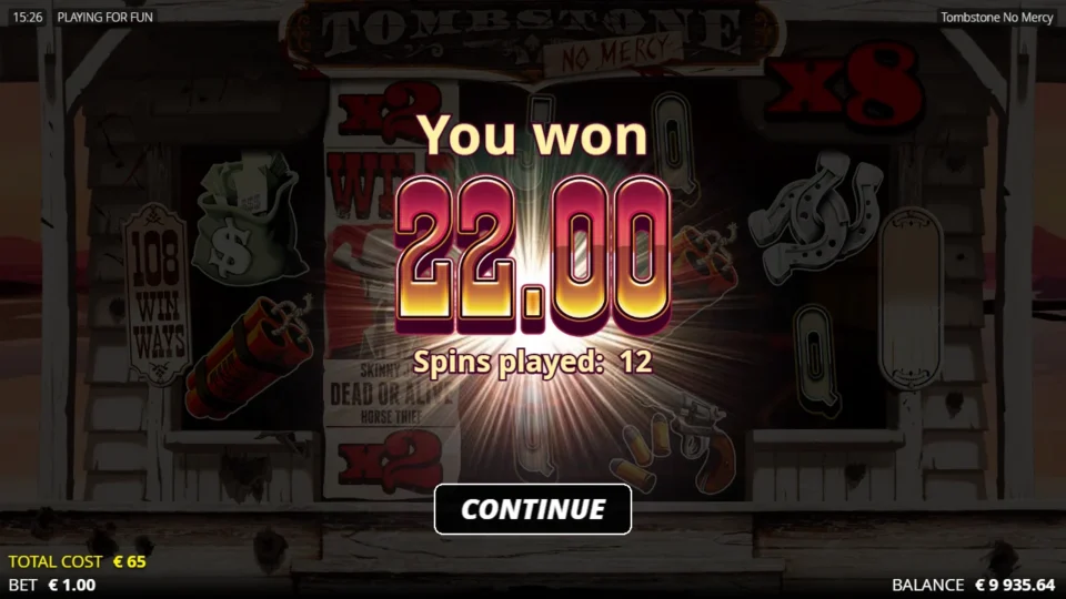 Tombstone: No Mercy: You won 22.00 after 12 spins played, the result of the bought Gunslinger feature