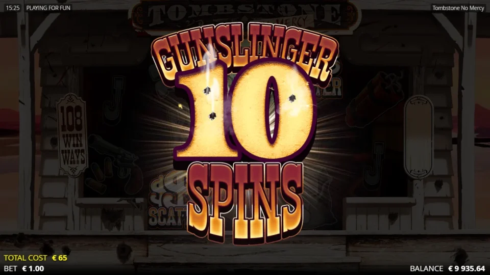 Tombstone: No Mercy: Gunslinger 10 Spins banner opens the bought free spins bonus for 65