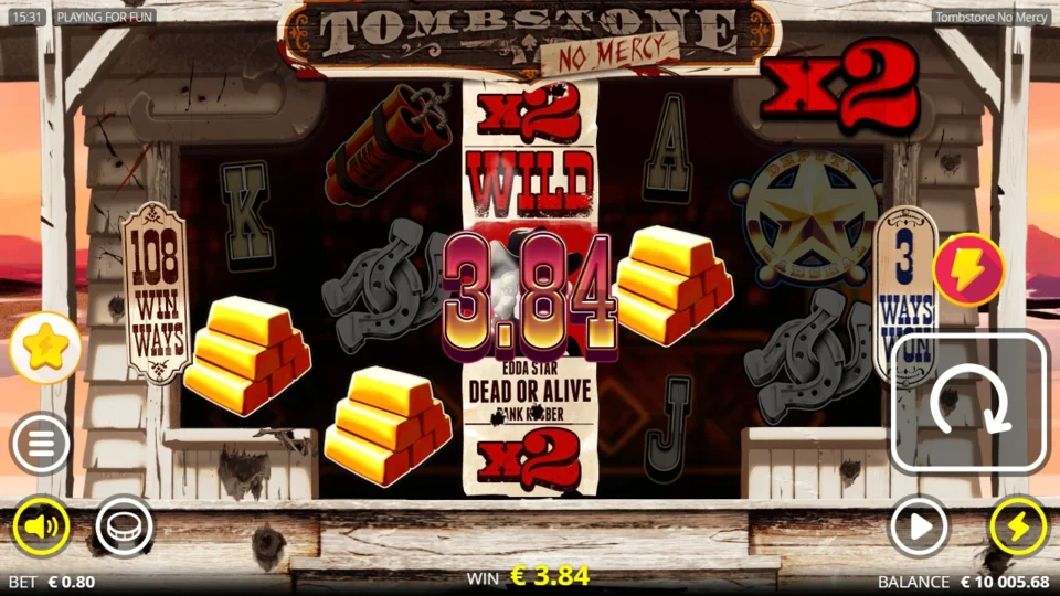 Tombstone: No Mercy: A x2 Outlaw Wild on the middle reel links gold bars on both sides for 3.84