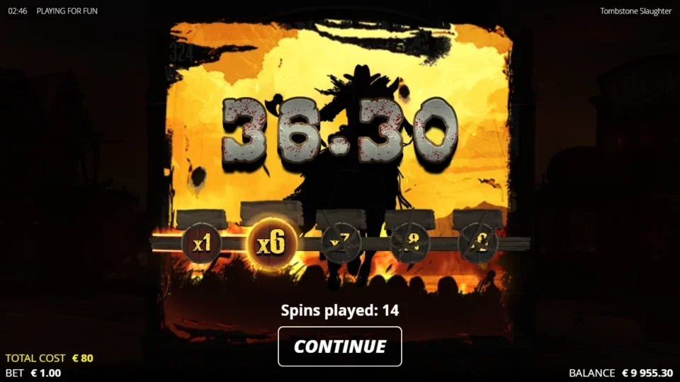 Tombstone Slaughter: El Gordo's Revenge: Bought round result of 36.30 after 14 spins, the Revenge Meter resting on x6