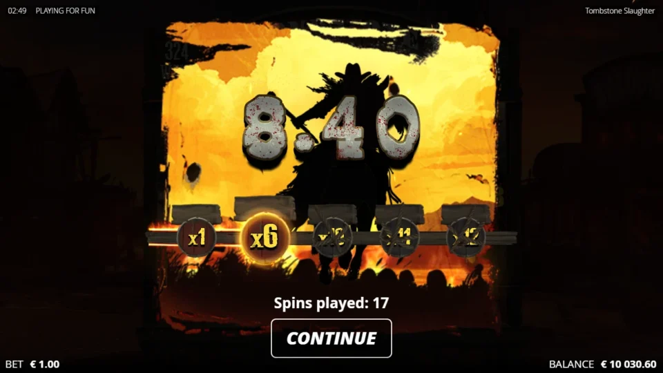Tombstone Slaughter: El Gordo's Revenge: Natural Slaughter Spins closing on 8.40 after 17 spins