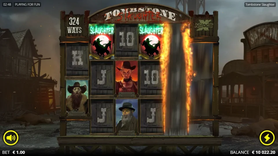 Tombstone Slaughter: El Gordo's Revenge: Slaughter symbols on the second and fourth reels as an xNudge Wild nudges down the fifth, the spin that started natural free spins