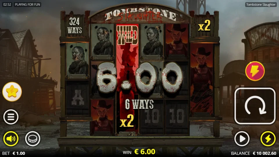 Tombstone Slaughter: El Gordo's Revenge: A single xNudge Wild at x2 pays EUR 6.00 over six ways