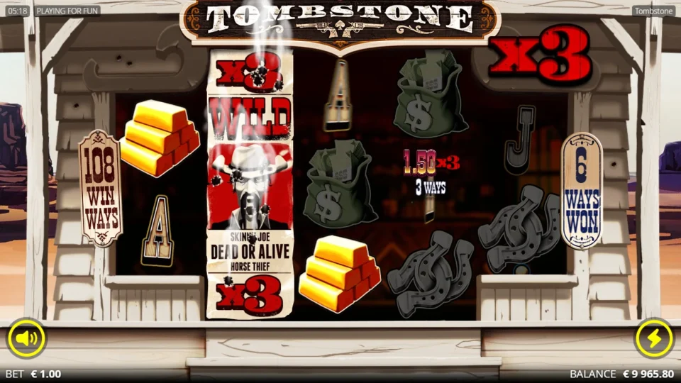Tombstone: Skinny Joe covers reel 2 as a three-way award of EUR 1.50 receives the 3x multiplier