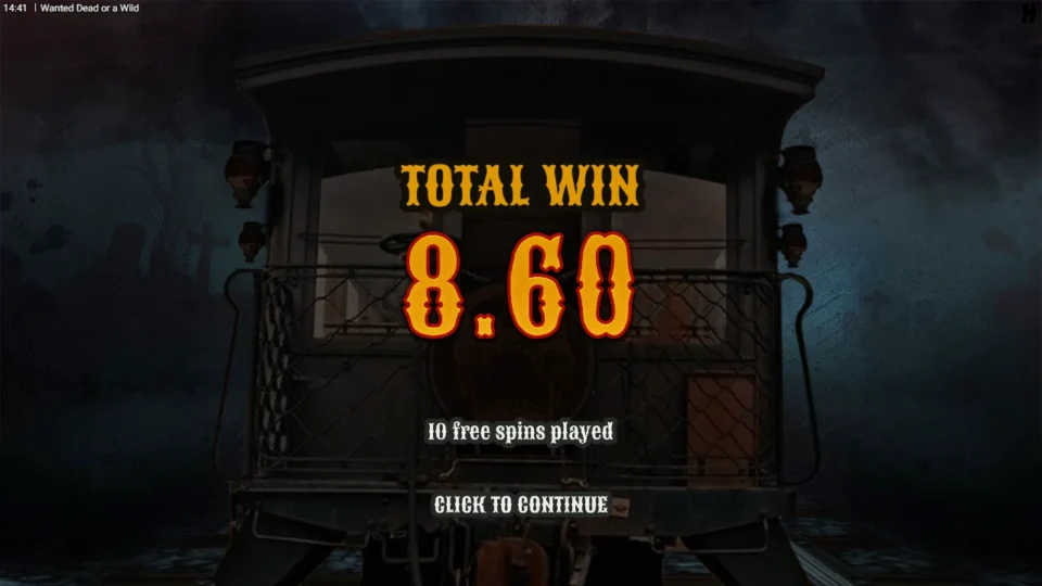 Wanted Dead or a Wild: Train carriage result screen shows TOTAL WIN 8.60 after 10 free spins
