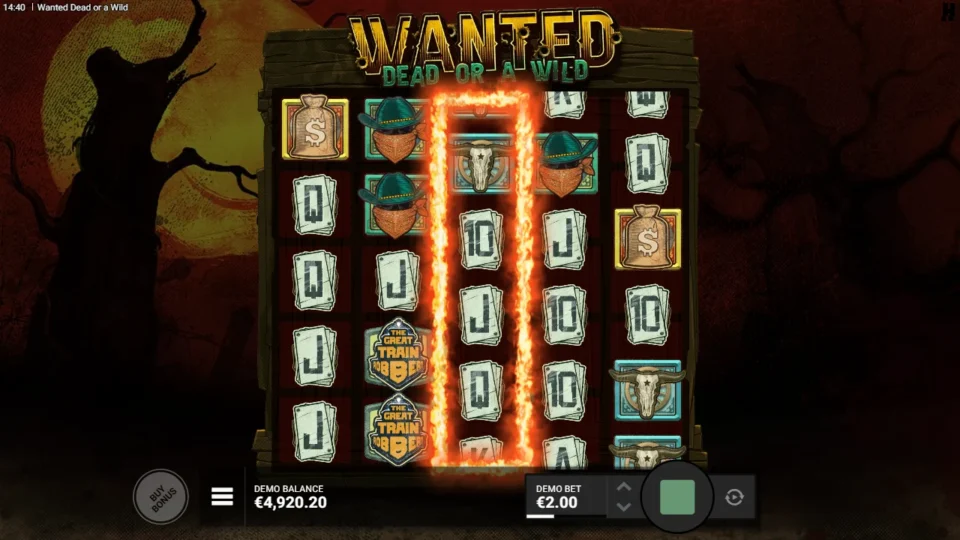 Wanted Dead or a Wild: Two Train Robbery scatters sit beside a burning VS reel on the spin that opens the first natural bonus