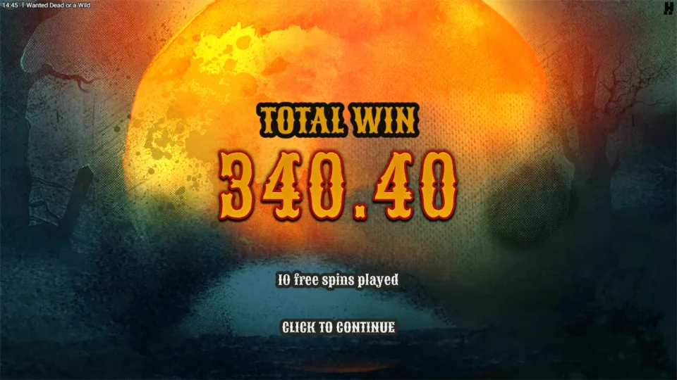 Wanted Dead or a Wild: Sunset result screen with TOTAL WIN 340.40 from 10 free spins, the largest bonus of the session