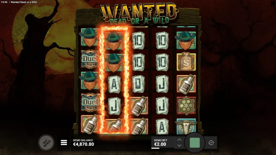 Wanted Dead or a Wild: Burning VS reel next to two Duel scatters and a column of bandits on the triggering spin