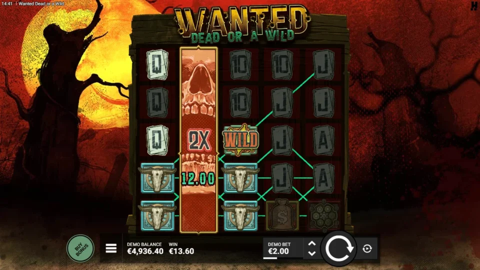 Wanted Dead or a Wild: A 2x duel reel and a wild link bull skulls for a WIN of 13.60