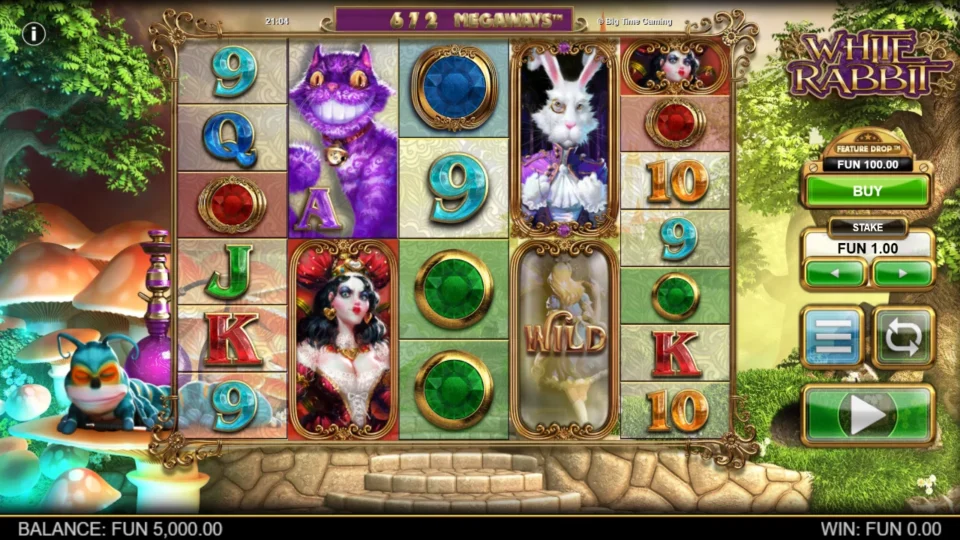 White Rabbit: Five reels with uneven heights before play, a FUN 1.00 stake and Feature Drop priced at FUN 100.00.