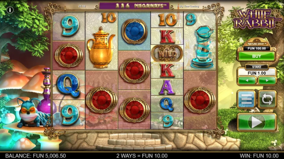 White Rabbit: Two five-reel red-gem ways use the Wild on reel 4, returning FUN 10.00 at a FUN 1.00 stake.