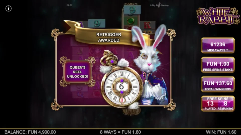 White Rabbit: Six extra free spins are awarded as the Queen's Reel unlocks; the counter reads 13 played and eight remaining.