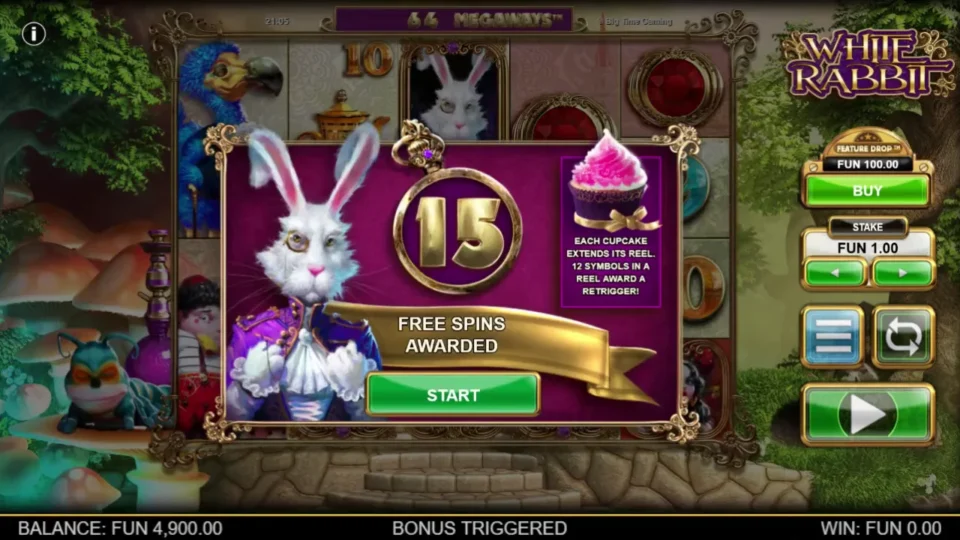 White Rabbit: The purchased feature opens with 15 free spins, alongside an explanation of Cupcake-driven reel growth.