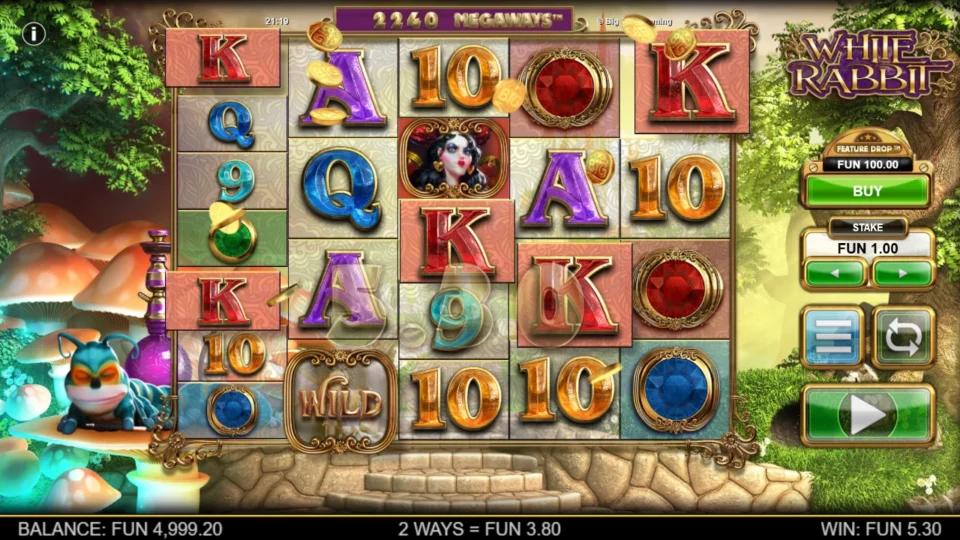 White Rabbit: Kings are highlighted for FUN 3.80 of a FUN 5.30 round, through the Wild at the foot of reel 2.