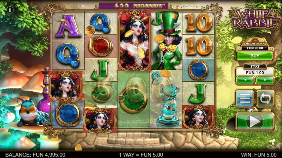 White Rabbit: Three Red Queens pay FUN 5.00 while the Feature Drop price shows its reduced level of FUN 98.00.