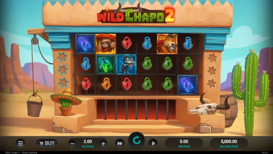 Wild Chapo 2: Opening card with the Wild Re-Spin and Expanding Wild panels under a 20,000x promise