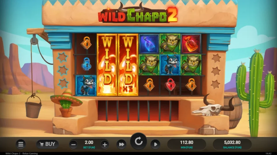 Wild Chapo 2: Two Wild reels side by side, one at x3, close a base round at FUN 112.80