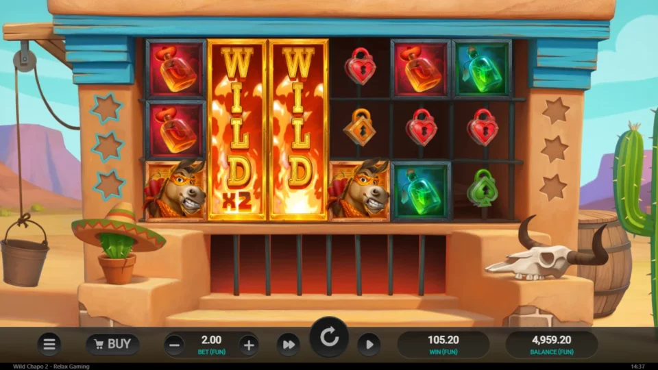 Wild Chapo 2: Bought free spins result of FUN 105.20 with Wild reels on reels two and three, one of them x2
