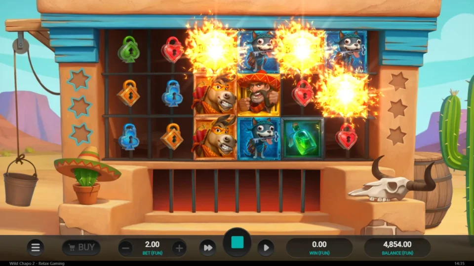 Wild Chapo 2: Bursts of fire over the top row as the bought free spins start, balance at FUN 4,854.00