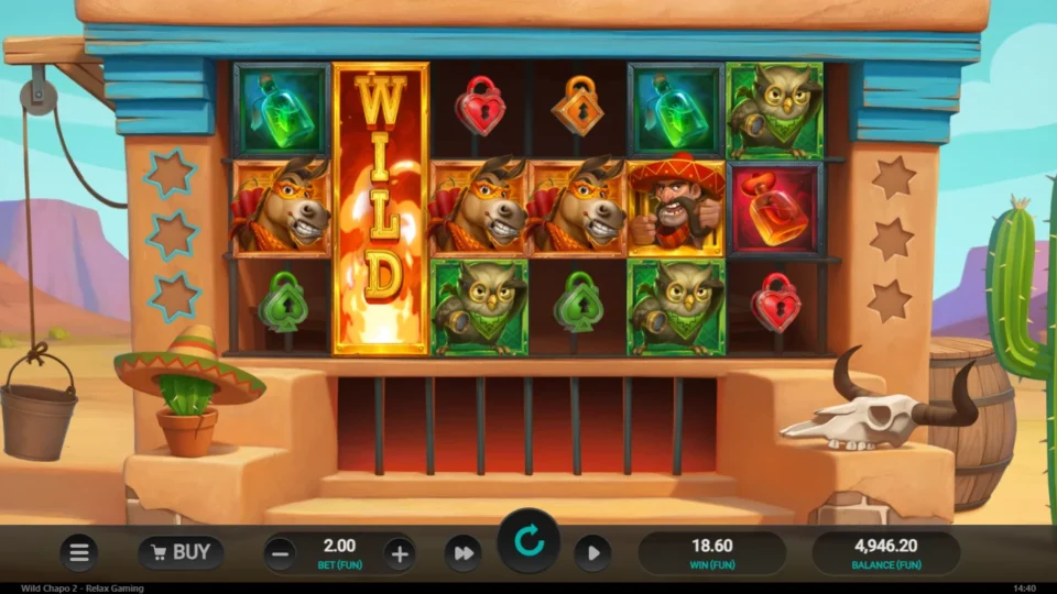 Wild Chapo 2: Donkeys line up beside a Wild reel for a FUN 18.60 re-spin round