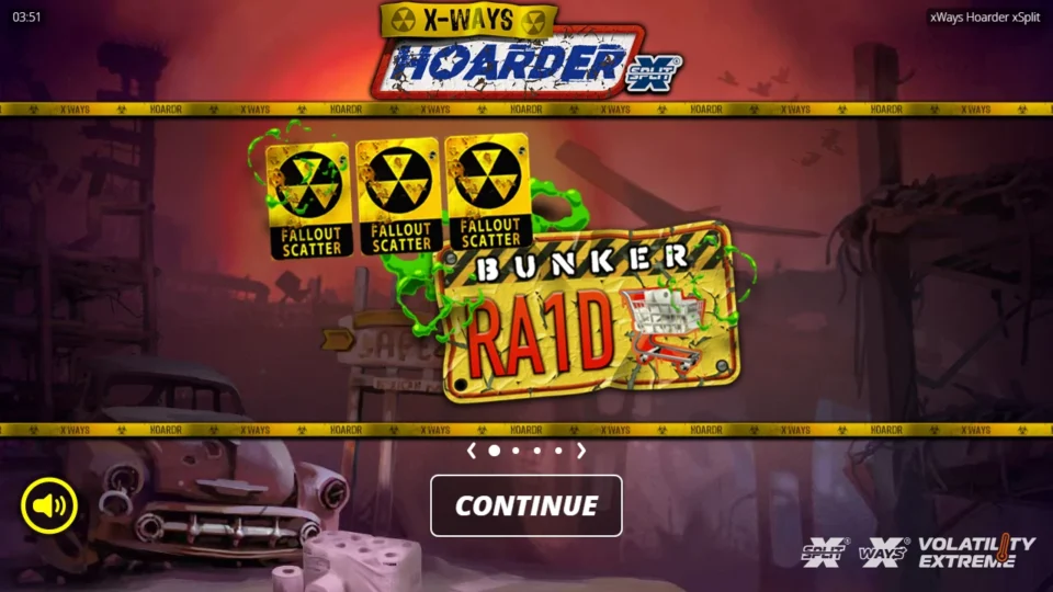 xWays Hoarder xSplit®: Three Fallout Scatters above the Bunker Raid sign on the first slide of the game introduction
