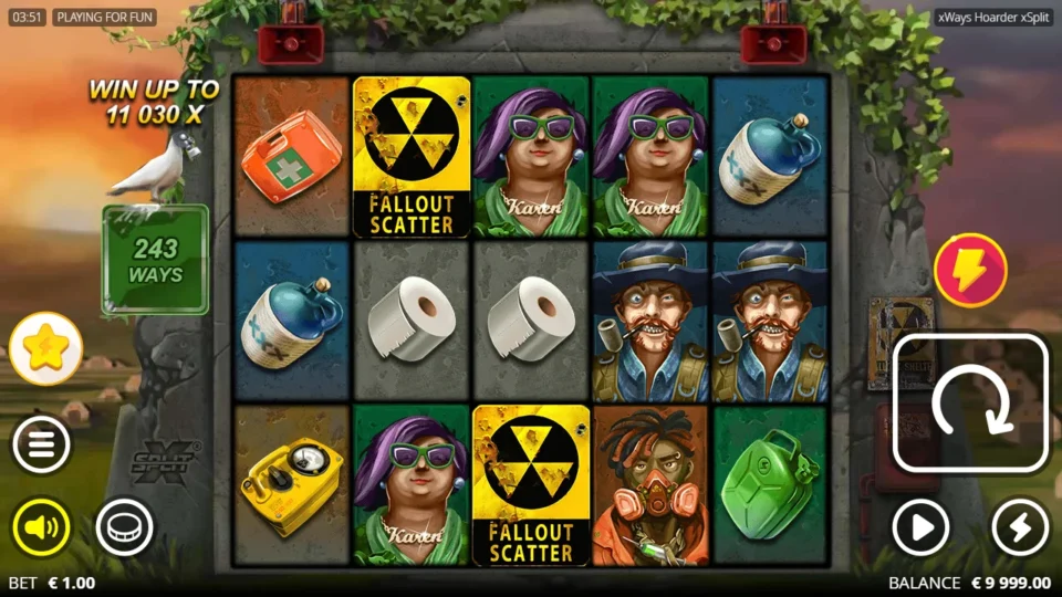xWays Hoarder xSplit®: Five reels on 243 ways before the first spin, two Fallout Scatters and three Karens in view at a EUR 1.00 bet