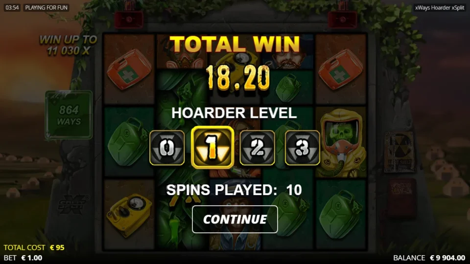 xWays Hoarder xSplit®: Bought bonus result of 18.20 after 10 spins played, with hoarder level 1 lit on the summary