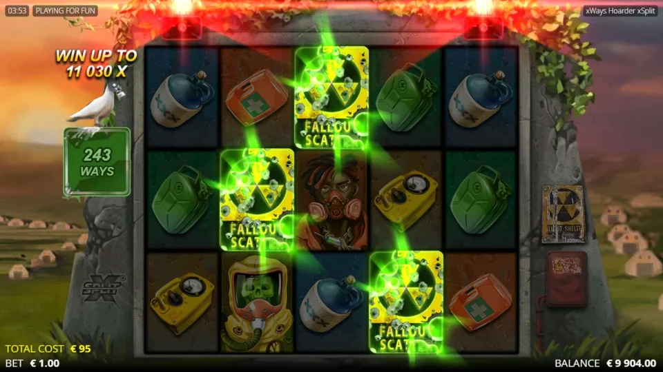 xWays Hoarder xSplit®: Three Fallout Scatters light up after a EUR 95 ticket for seven Raid Spins