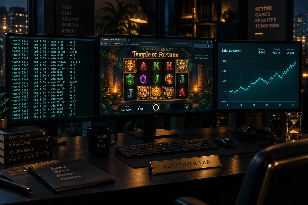 Slotester AI test rig console with spin logs