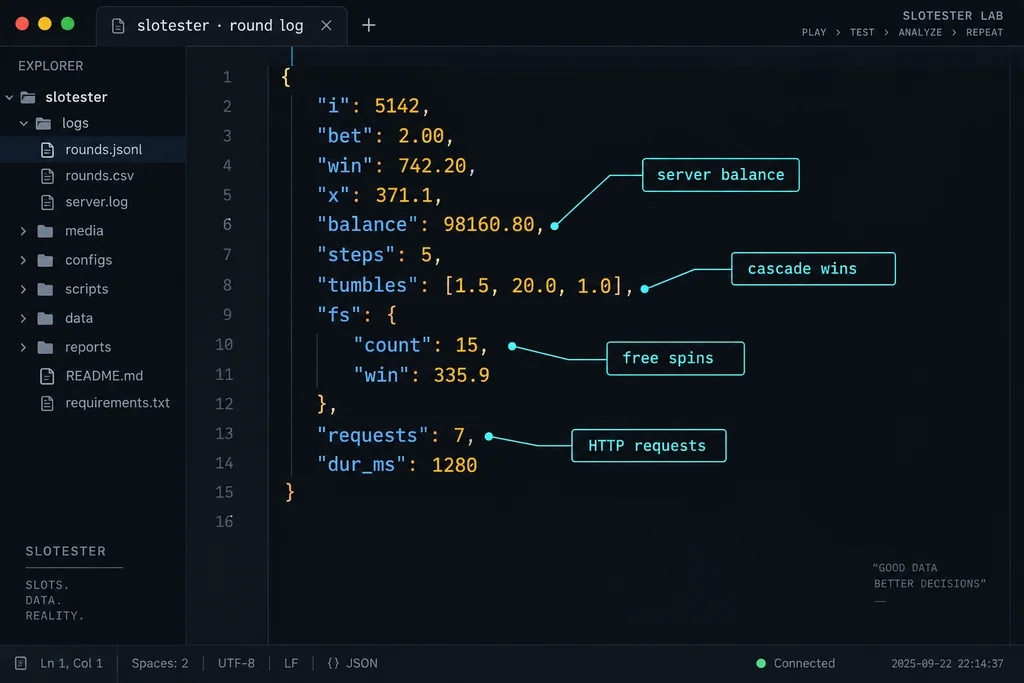 Slotester logged slot round in JSON
